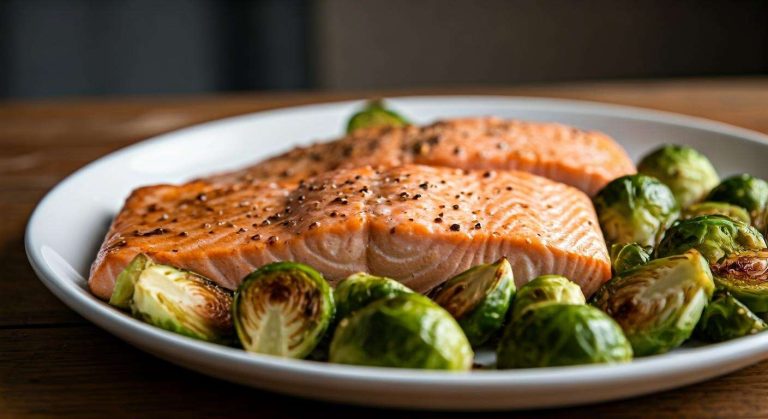 Un plat complet sur une seule plaque : le saumon, les panais et les choux de Bruxelles rôtis, zéro vaisselle