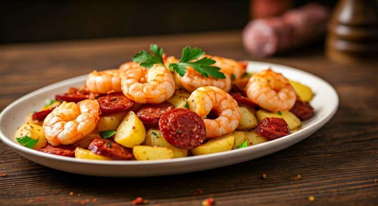 Un plat complet en 25 minutes ? Cette poêlée de crevettes, chorizo et pommes de terre