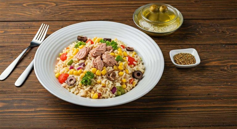 Un plat complet en 30 minutes ? Cette salade de riz au thon, maïs, poivrons et olives