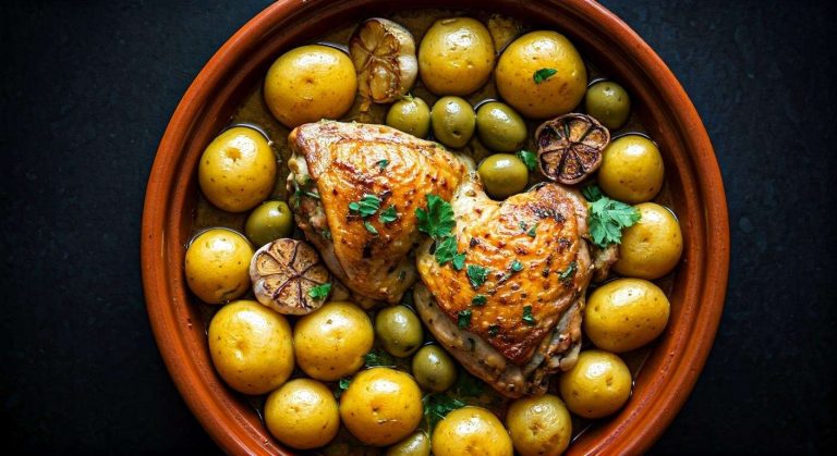 Tajine de poulet : recette aux pommes de terre et olives vertes