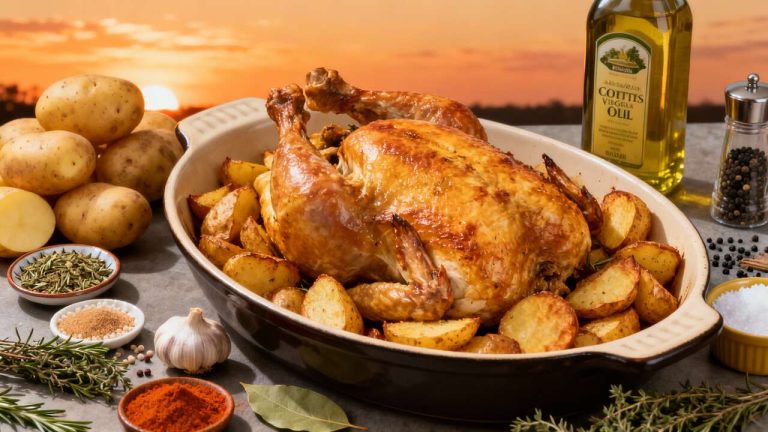 Poulet rôti et pommes de terre au four : recette savoureuse