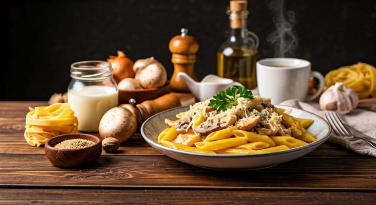 Pâtes à la crème avec poulet et champignons : recette savoureuse