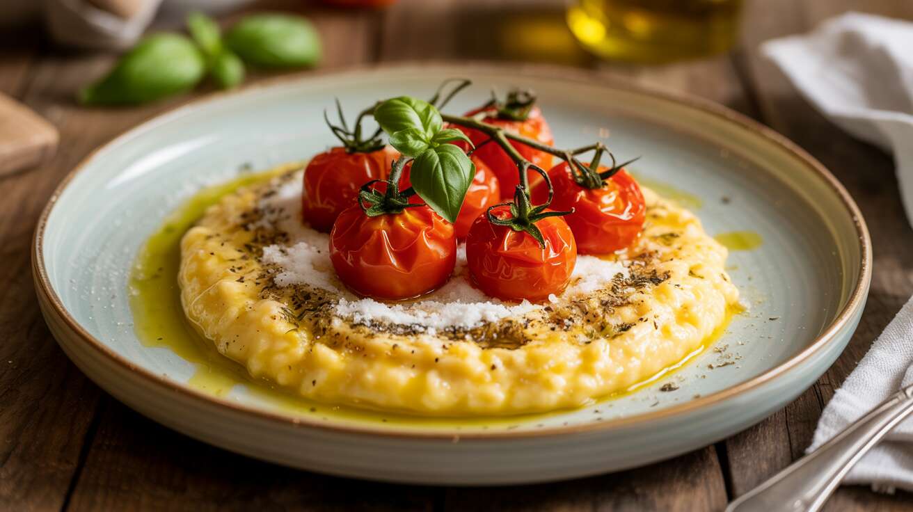 Essayez cette polenta crémeuse au parmesan avec tomates rôties et basilic : l'alternative parfaite aux pâtes