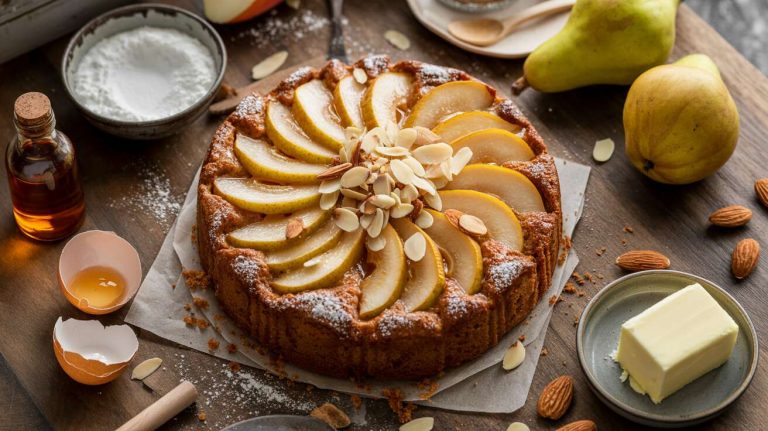 Des poires fondantes, des amandes croquantes, un gâteau ultra moelleux : tout ce qu’on attend de l’automne